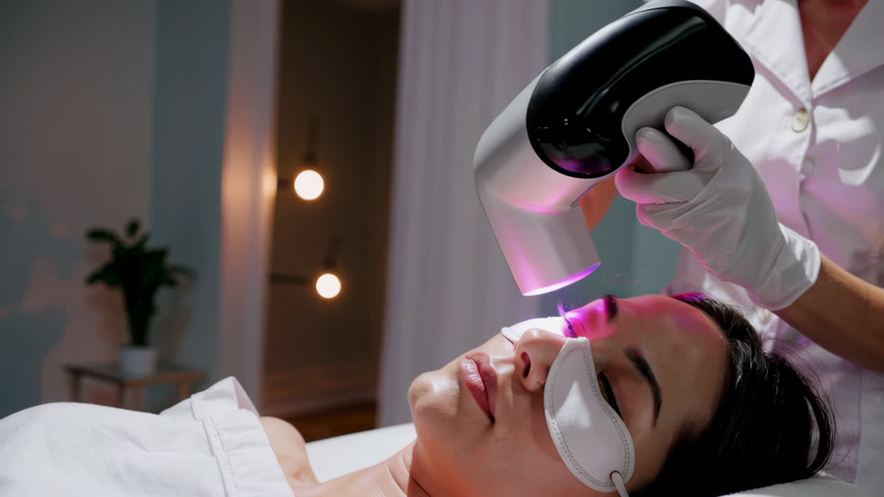 Mujer recibiendo tratamiento facial de terapia de luz