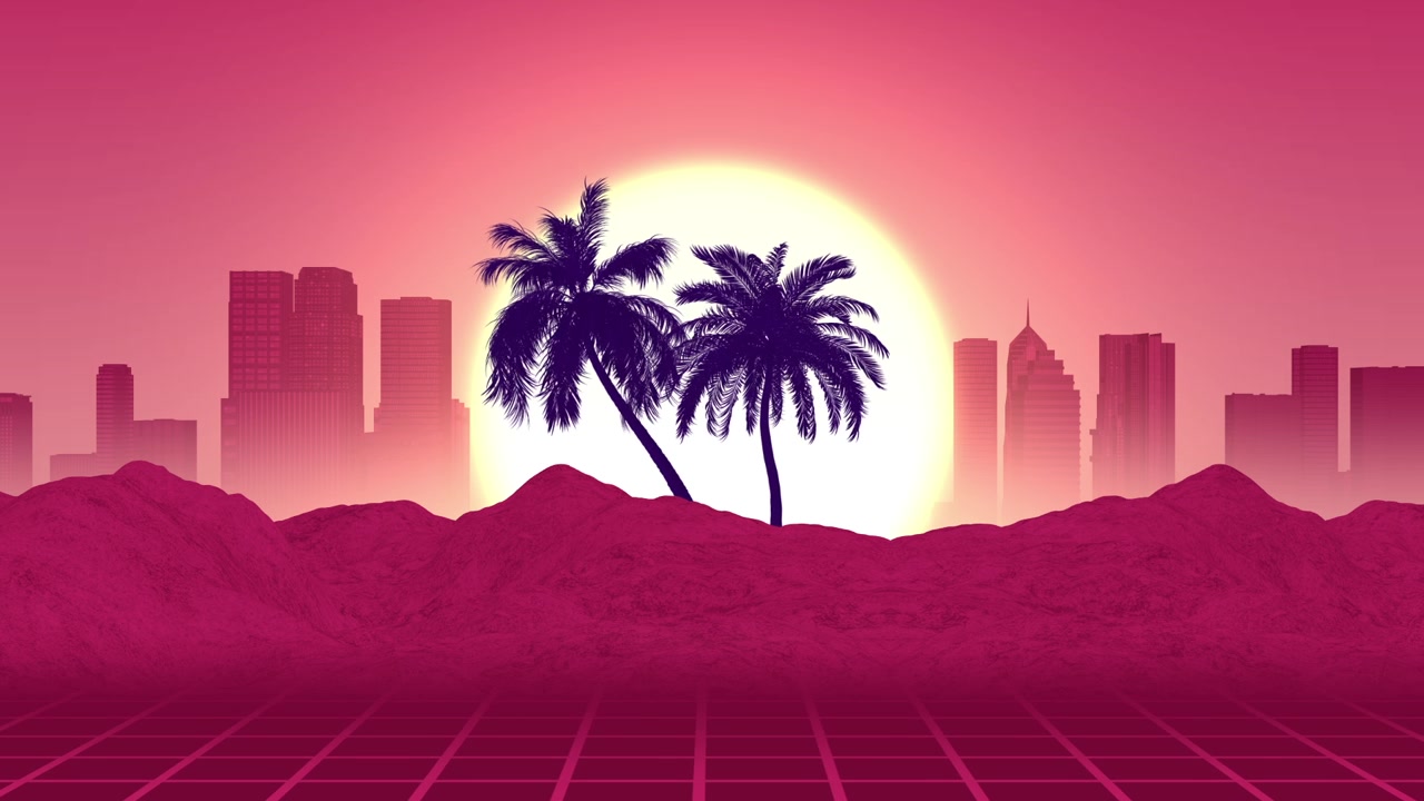 Paesaggio urbano retro synthwave con palme e sole splendente