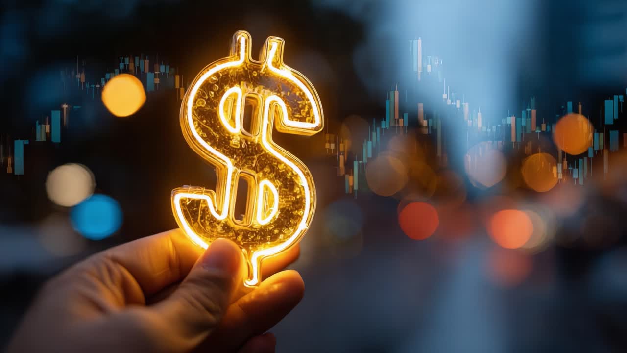 Segno del dollaro illuminato che rappresenta la crescita finanziaria su uno sfondo sfocato di dati di trading e luci urbane, a significare prosperità e tendenze di mercato.