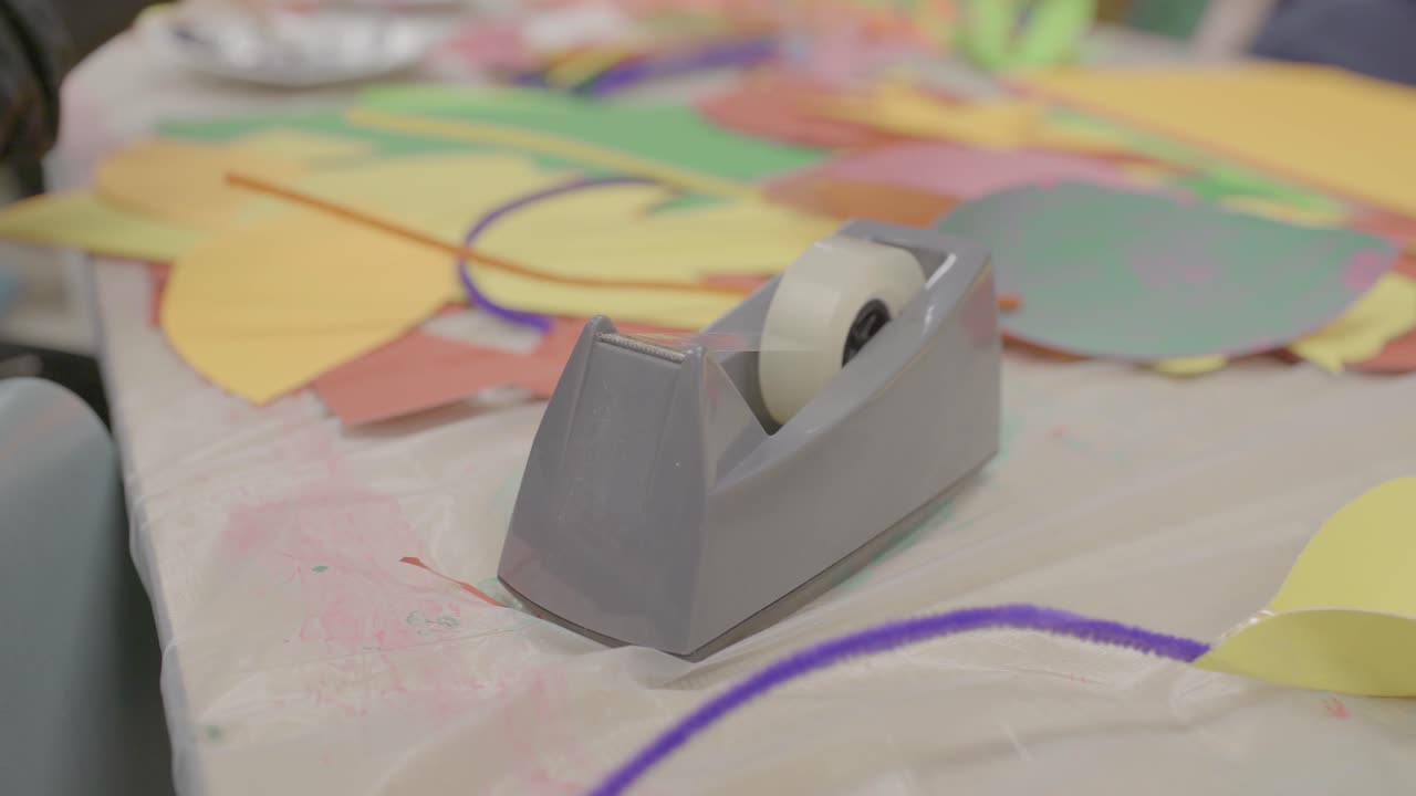 Kids and adults in a daycare creating crafts with assorted materials.