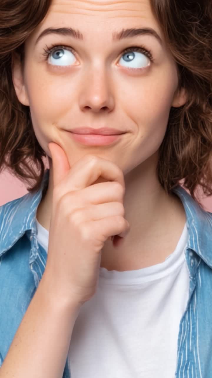 A Thoughtful Moment: A Young Woman Contemplates with a Playful Smile, Capturing Curiosity and Reflection Against a Soft Pink Background