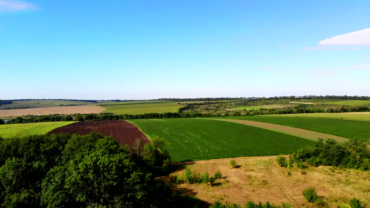 Toma aérea con dron de campos verdes y colinas en la campiña de Moldavia