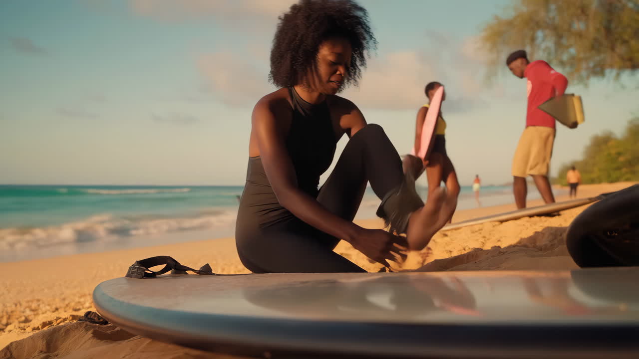 Woman on a sandy beach attaching a leash to her ankle, preparing for surfing