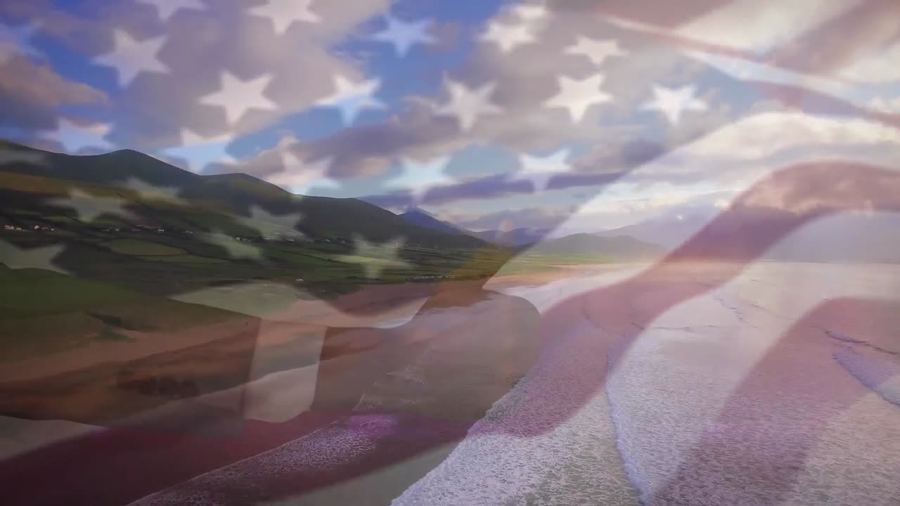 animación de la bandera de los estados unidos ondeando sobre el paisaje de la playa