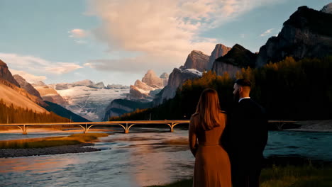 a couple overlooking a majestic mountain and river landscape at golden hour