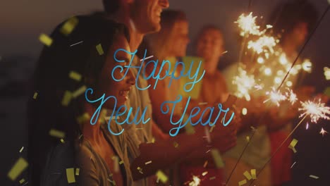 animation of happy new year text over diverse friends with sparklers at party