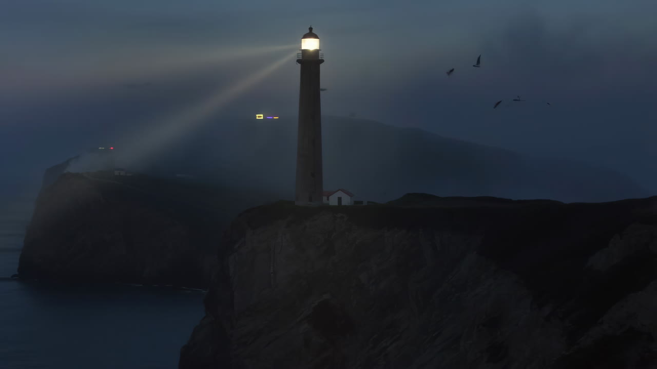 Lighthouse Beacon on a Foggy Cliff at Night