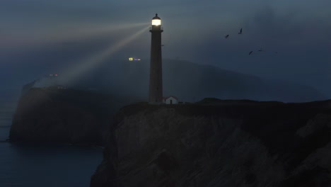 Lighthouse Beacon on a Foggy Cliff at Night