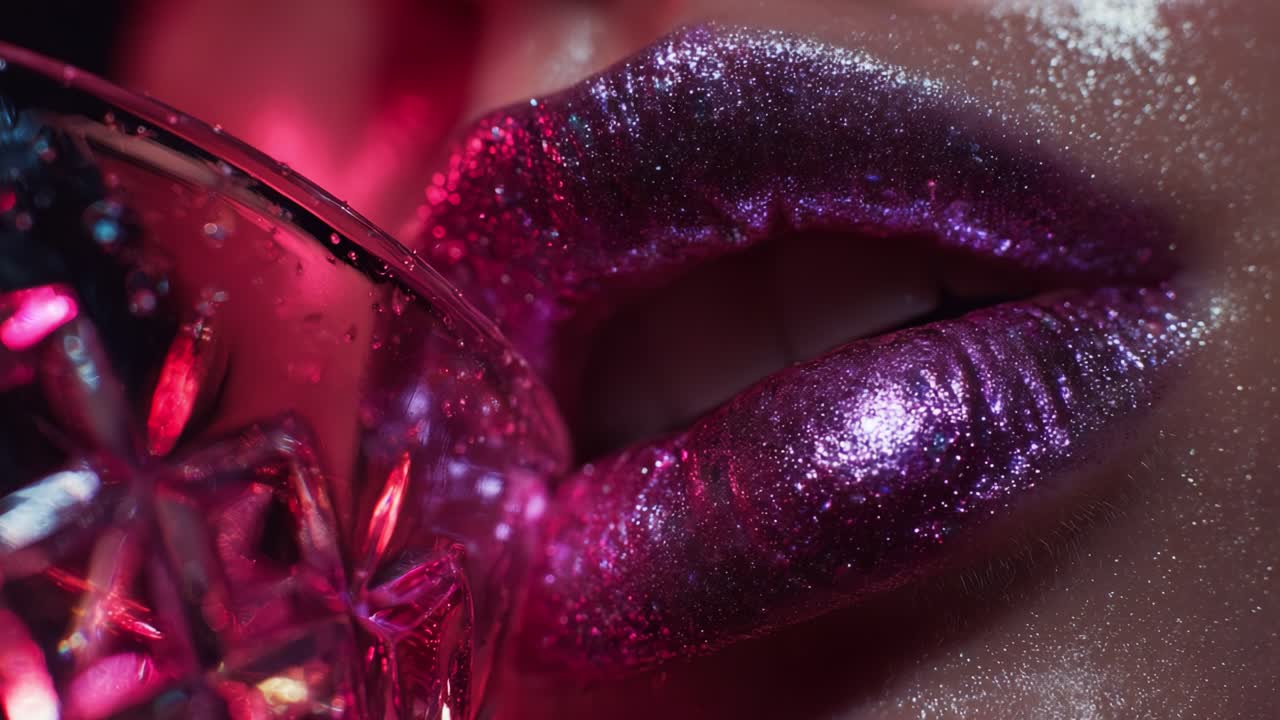Primo piano vivace di un'affascinante lip art con glitter e brillantezza e il riflesso di un bicchiere di cristallo, che cattura l'essenza di una bellezza audace e dell'espressione artistica nell'estetica del makeup