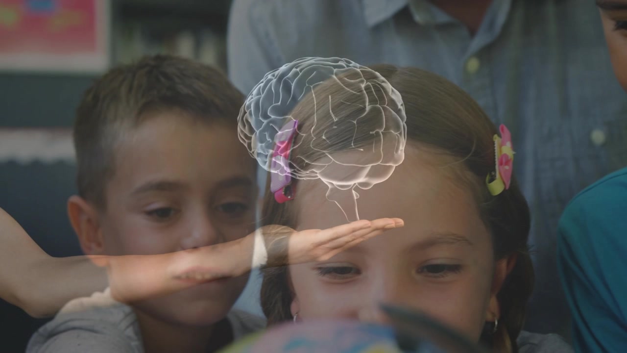 Kids leaning toward globe, brain overlay rotating above girl for teaching as teacher holding