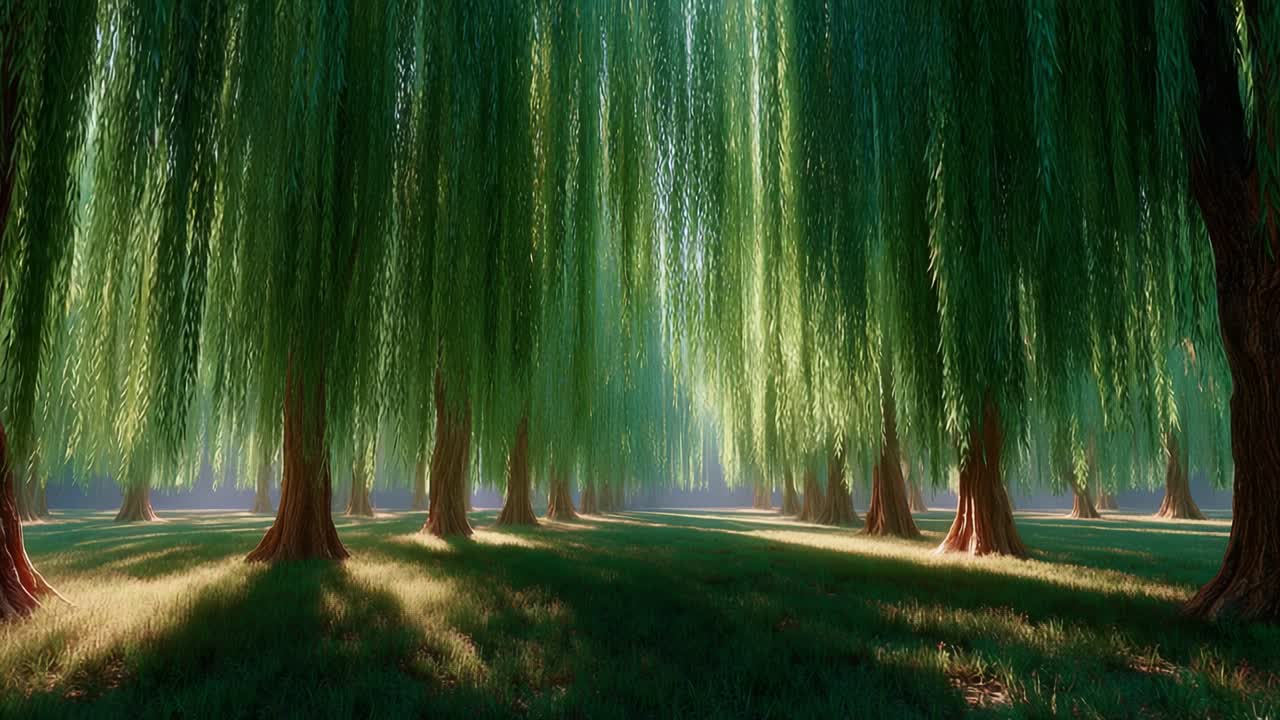 A Serene Landscape Featuring Majestic Weeping Willow Trees Bathed in Sunlight, Creating a Tranquil Atmosphere Amidst Nature’s Beauty and Calmness