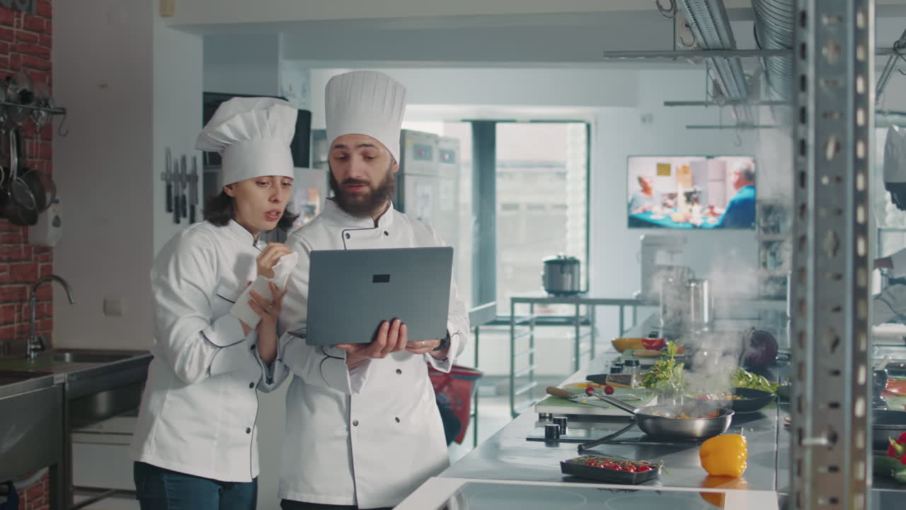 Team of cooks working on professional cusine meal with laptop