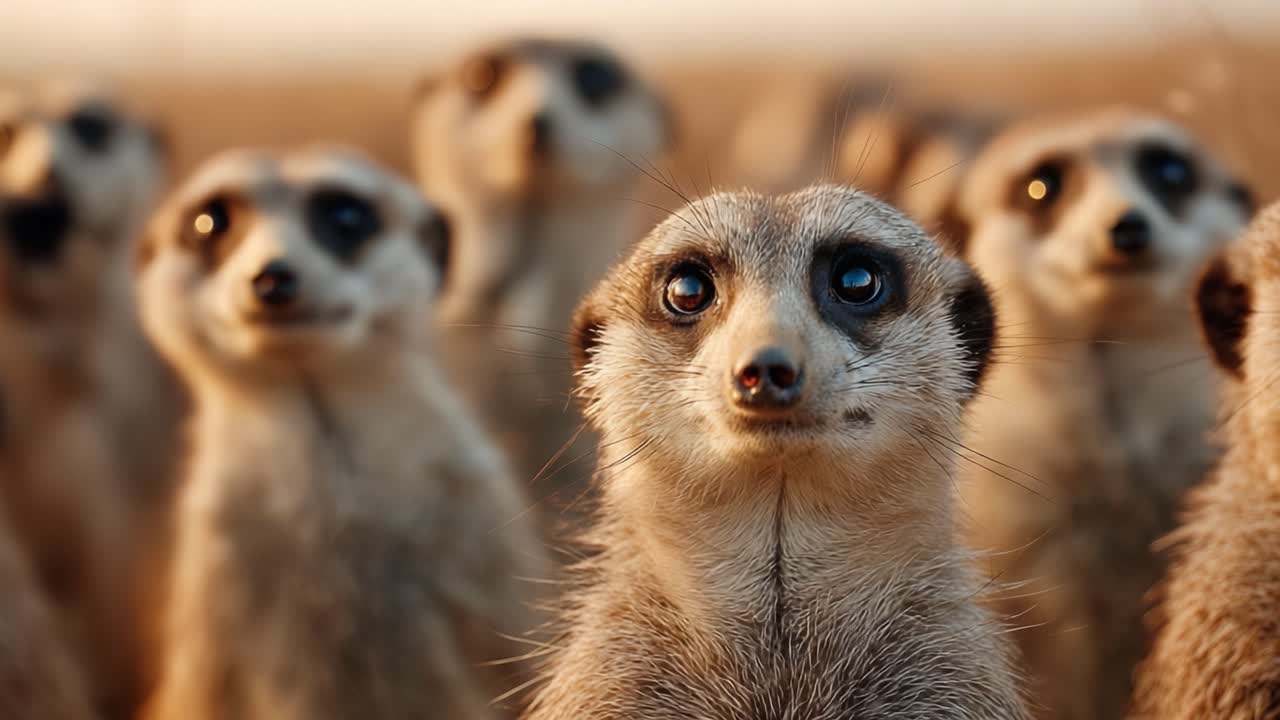 A Close-Up Portrait of Meerkats in a Golden Landscape, Capturing Their Expressive Faces and Intriguing Behavior in an Enigmatic Atmosphere
