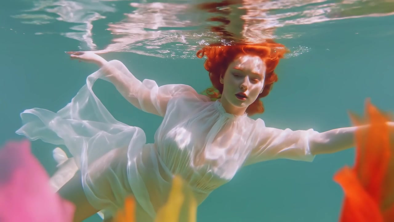 Red-Haired Woman Floating Underwater in a White Dress