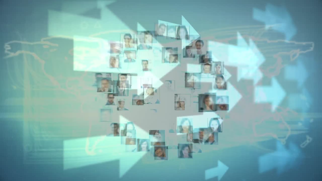 Animazione di frecce su foto di persone diverse che ruotano in uno spazio blu