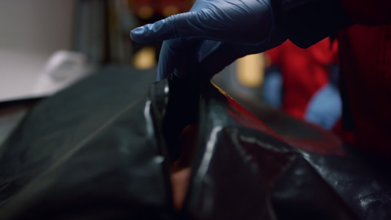 médico en guantes cerrando una bolsa con cadáver