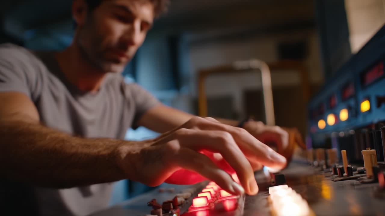 Skilled Technician Adjusting Sound Levels on a Professional Audio Mixer in a Studio Environment, Focused on Achieving Perfect Balance and Clarity