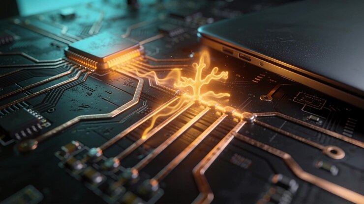 Emitting IC sending orange wave along traces to five pads at PCB shot, creating branching glow