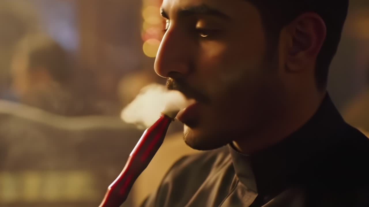 A Meditative Moment: Savoring the Flavor of Hookah Smoke in a Dimly Lit Lounge Setting Enhancing Relaxation and Connection with Friends and Culture