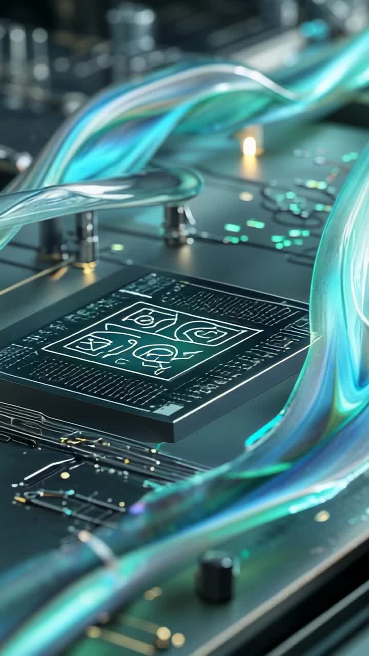 Vertical video: Emerging from top right, fluid ribbons streaming across PCB, revealing glowing chip