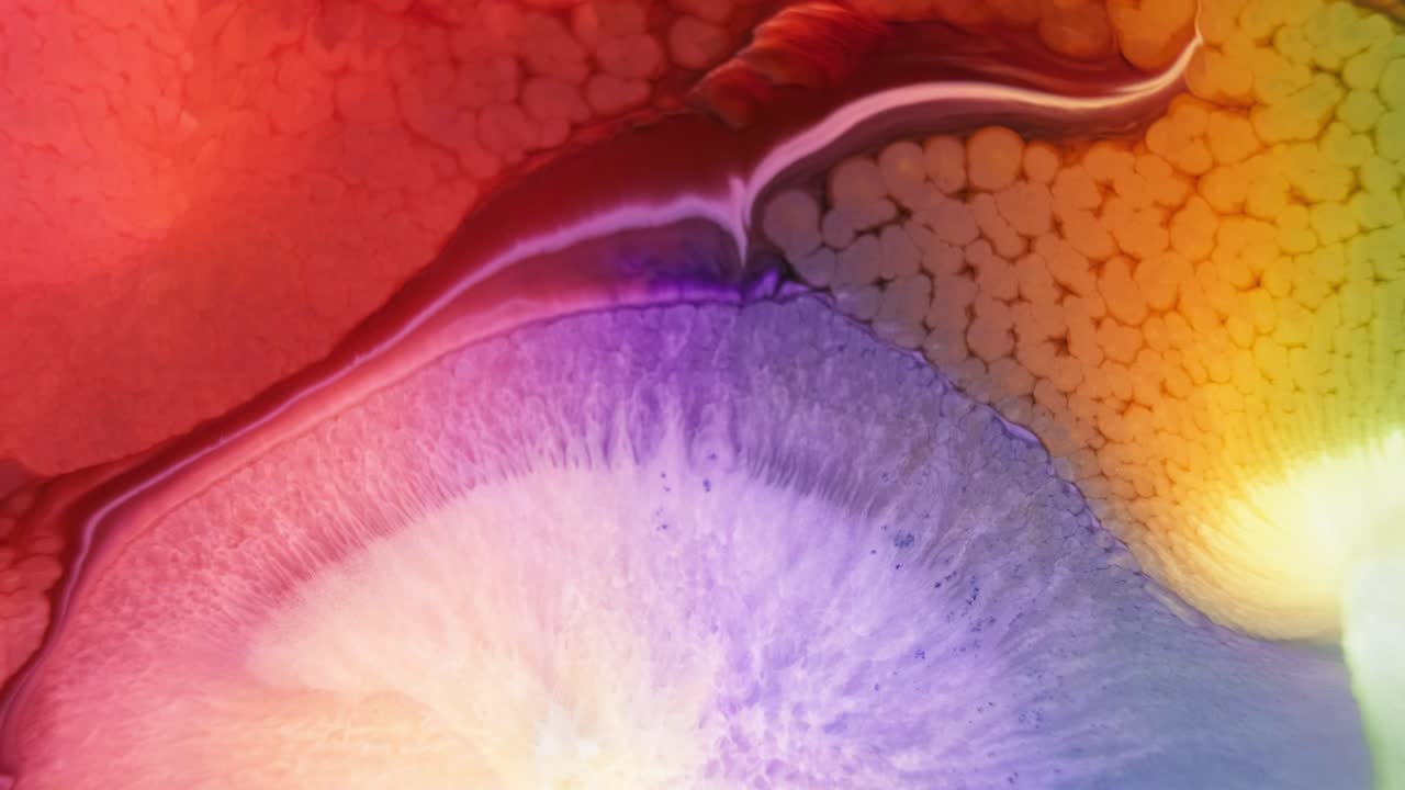 Macro shot of colorful ink in water with orange, purple, and yellow hues blending together