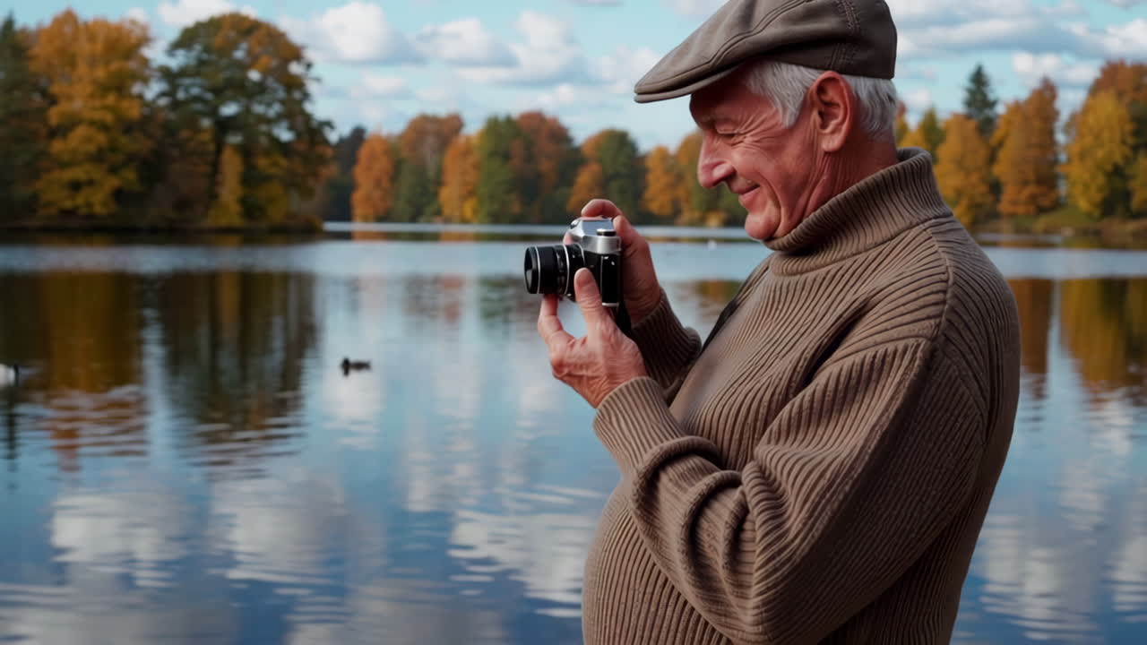 Senior Man Taking Pictures by the Lake in Autumn