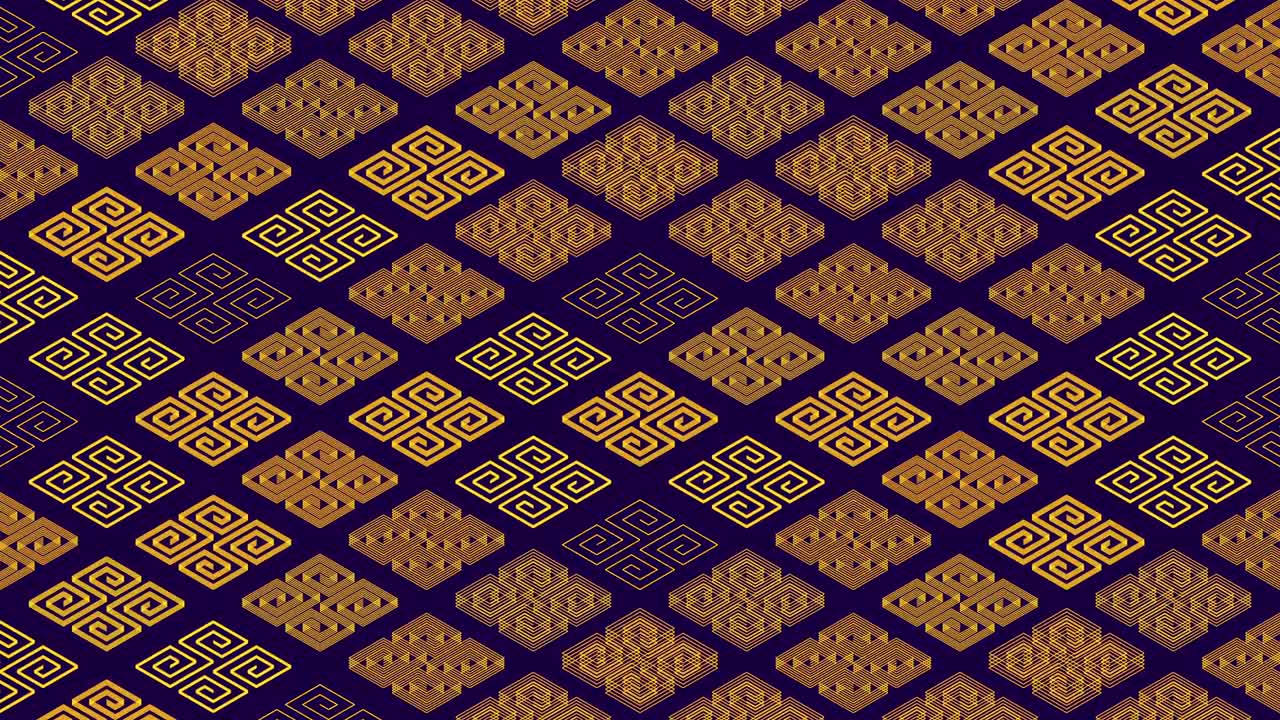Chinese pattern abstract line 3D virtual isometric lighting moving, Vintage mix modern technology concept design, glowing on dark blue background seamless looping animation 4K with matte alpha channel