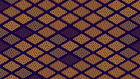 chinese pattern abstract line 3d virtual isometric lighting moving, vintage mix modern technology concept design, glowing on dark blue background seamless looping animation 4k with matte alpha channel