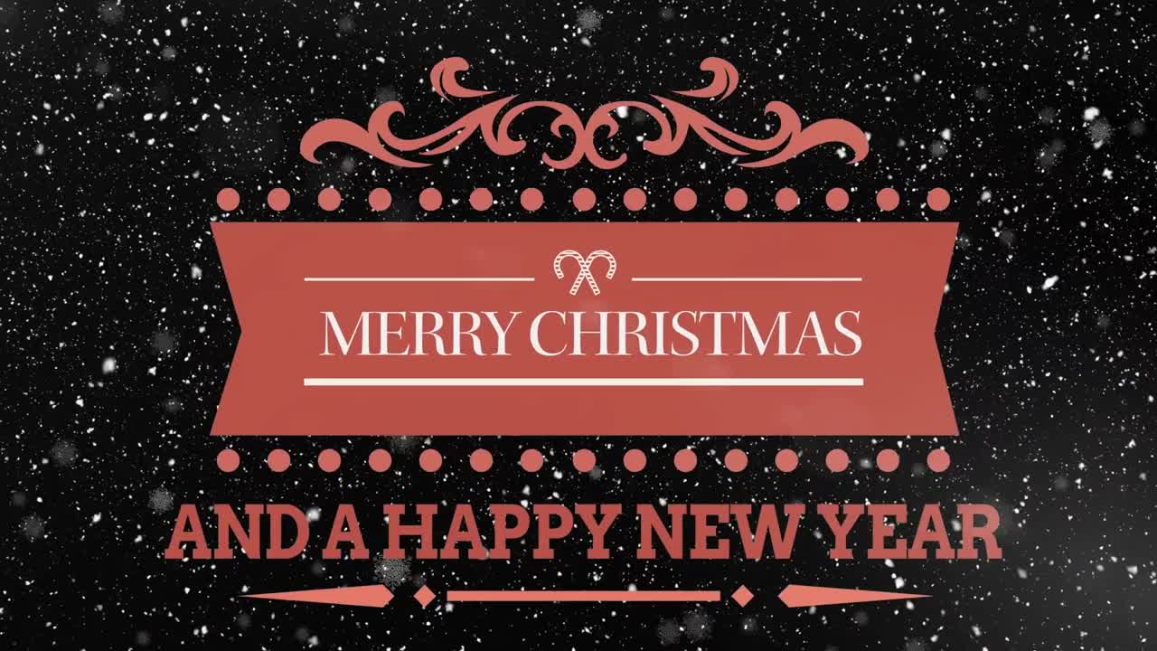 검은 바탕에 내리는 눈 위에 태그에 메리 크리스마스와 행복한 새해의 애니메이션