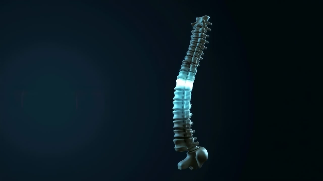 A glowing human spine appears against a dark background with cool blue rim lighting, creating a clean medical anatomy concept with an isolated vertical composition