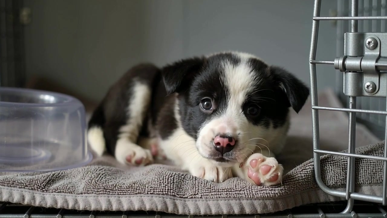 Lifting head, bicolor puppy approaching camera on towel in crate, sniffing curiously by water bowl