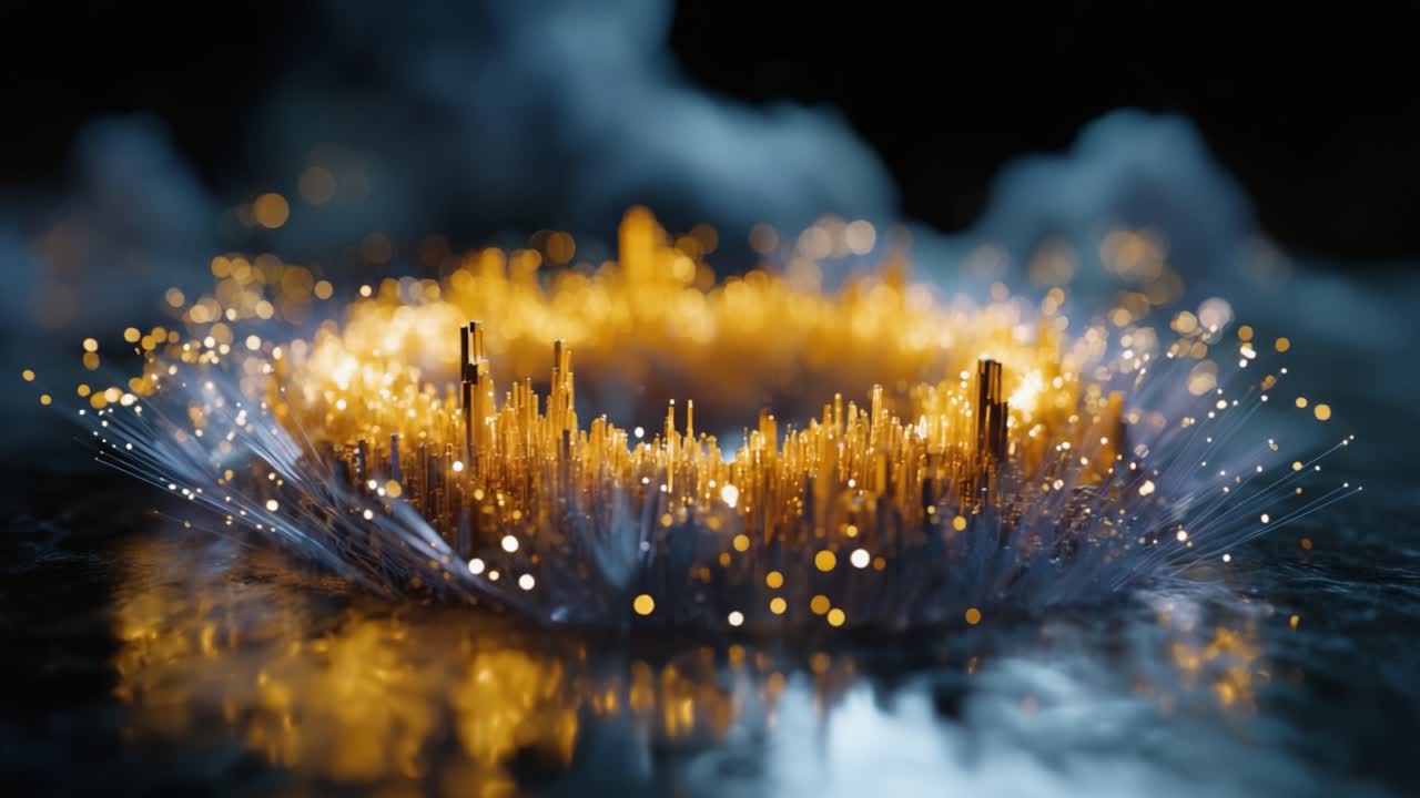 A mesmerizing visualization of illuminated structures surrounded by a swirling mist, showcasing a blend of light, color, and abstract architectural forms