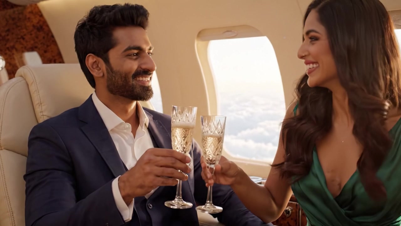 Celebrazione di lusso: un'elegante coppia che brinda con champagne nella cabina di un jet privato, godendosi la vita sopra le nuvole con eleganza e gioia