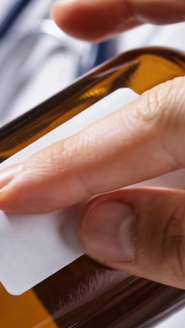 Video verticale: Mano che applica un'etichetta sul bordo, levigandola su una bottiglia ambrata e rimuovendo l'aria.