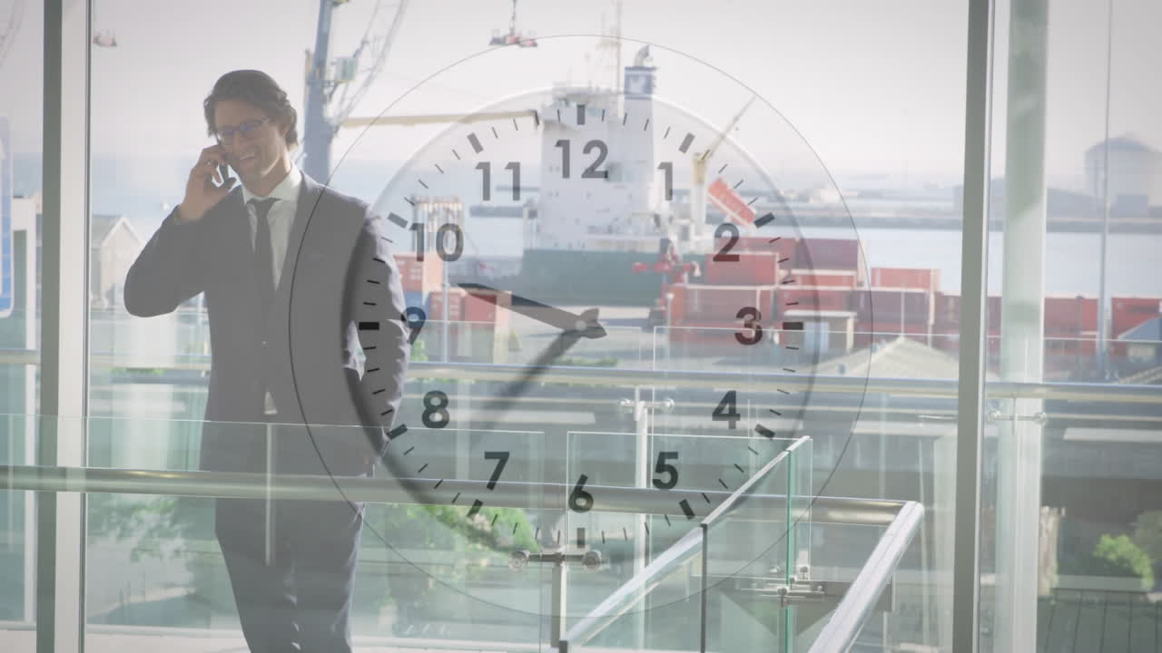 Businessman talking on phone with clock animation over shipping port background