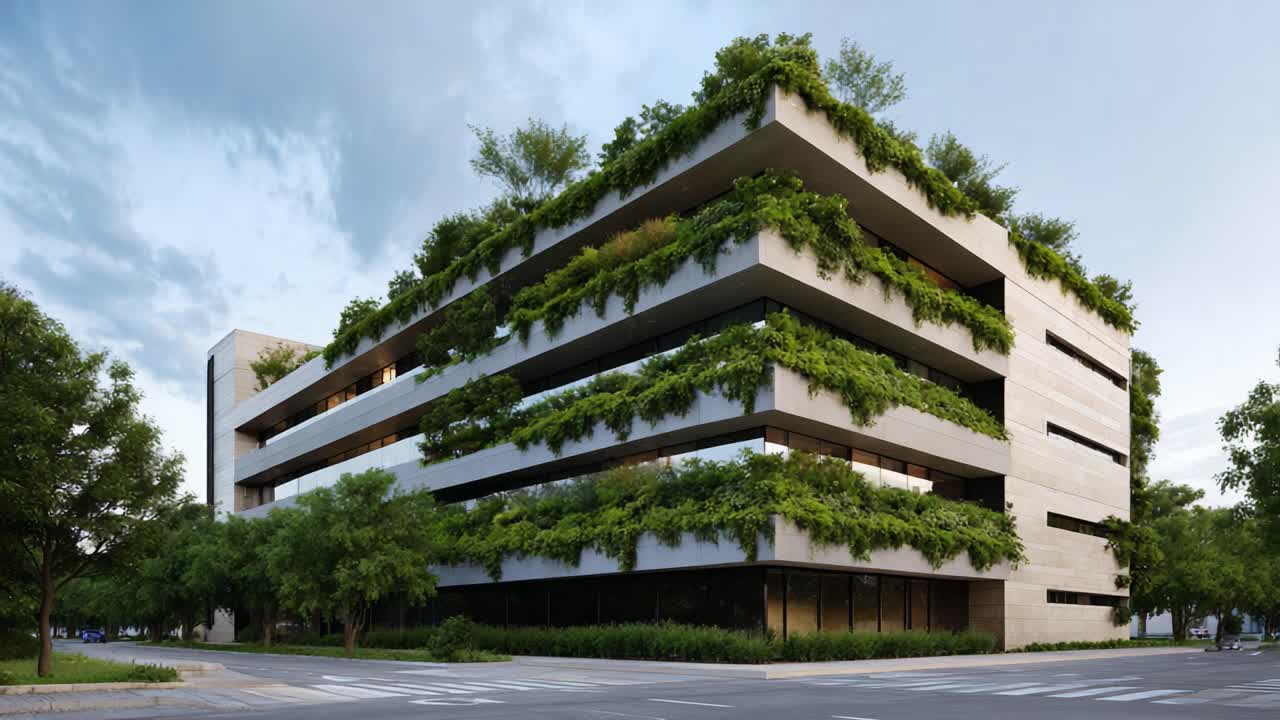 Moderno edificio ecológico que exhibe jardines verticales y arquitectura sostenible, con una extensa vegetación que rodea su elegante estructura