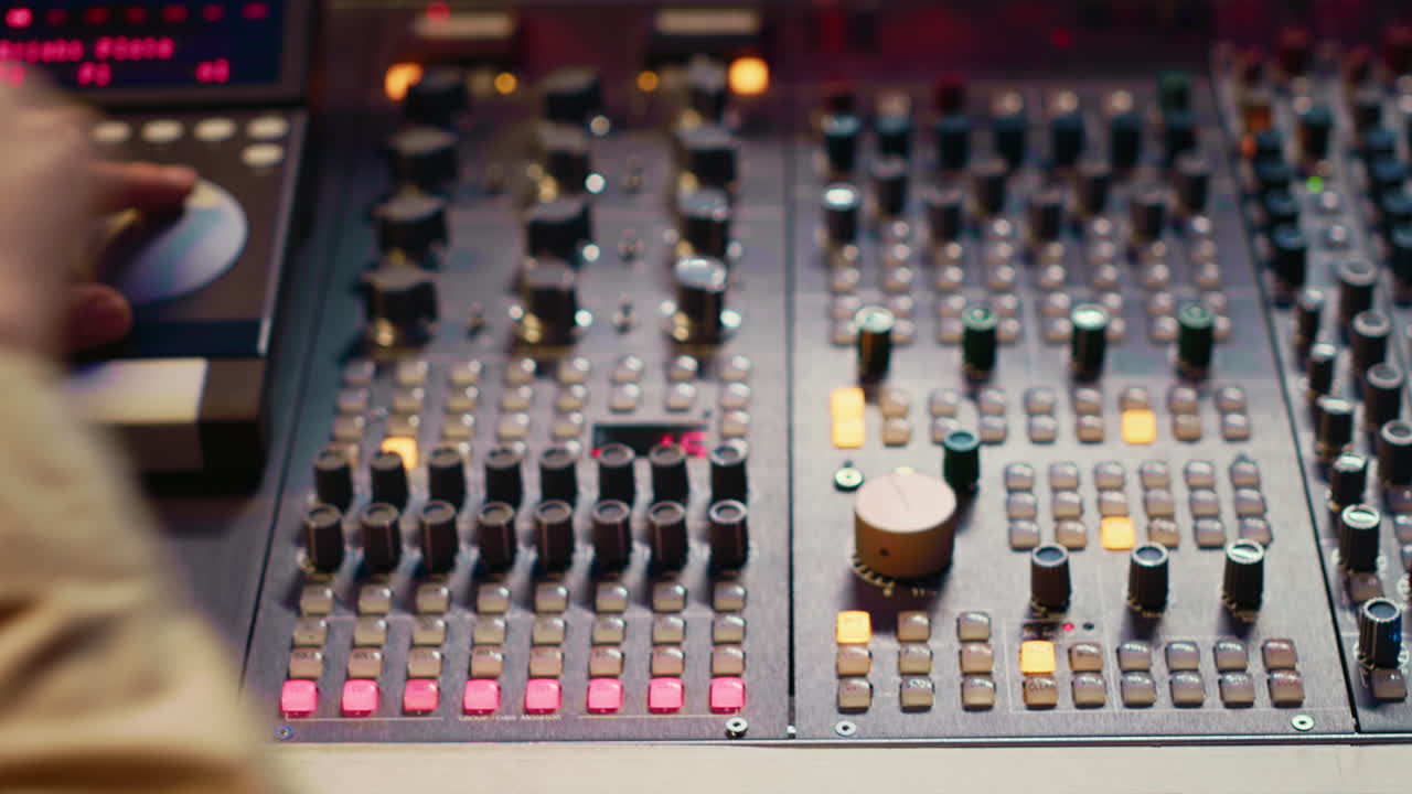 음향 디자이너가 컨트롤 데스크에서 슬라이더와 스위치로 작업합니다.