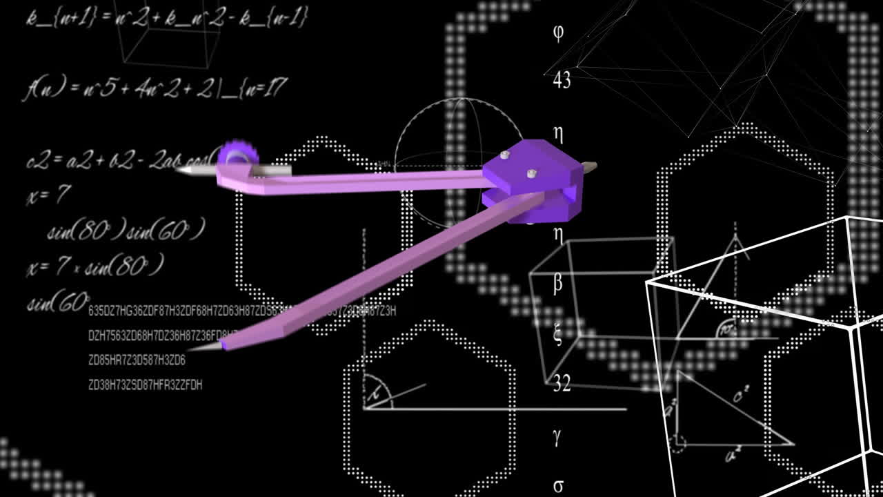 анимация компаса и математических формул на черном фоне