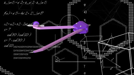animación de la brújula y las fórmulas matemáticas sobre un fondo negro
