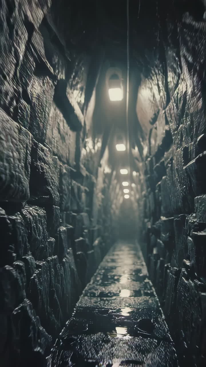 Dark, Stone-walled Tunnel with Wet Path