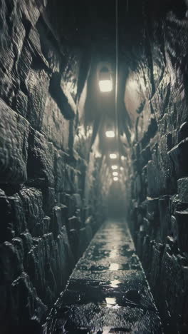 dark, stone-walled tunnel with wet path