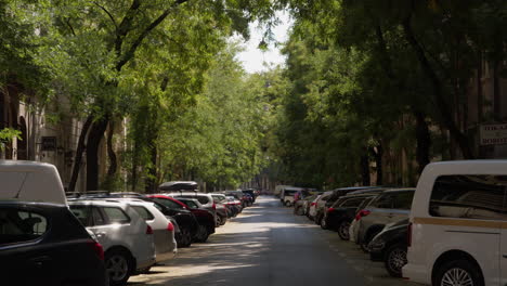 Tilt-Down-Budapest-Alley-Street,-lush-trees,-old-vintage-buildings,-beauty-shot