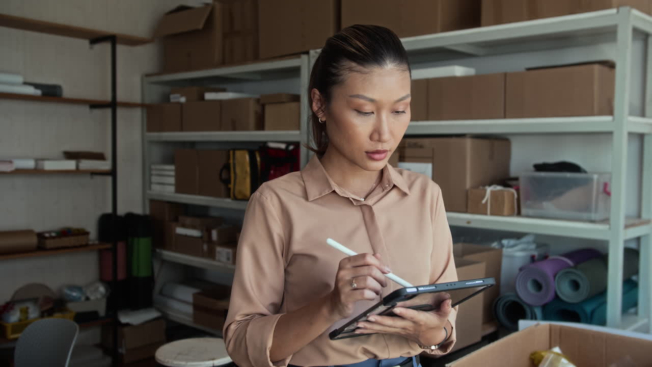 Portrait of Cheerful Female Manager Filling Form on Tablet at Storage Office