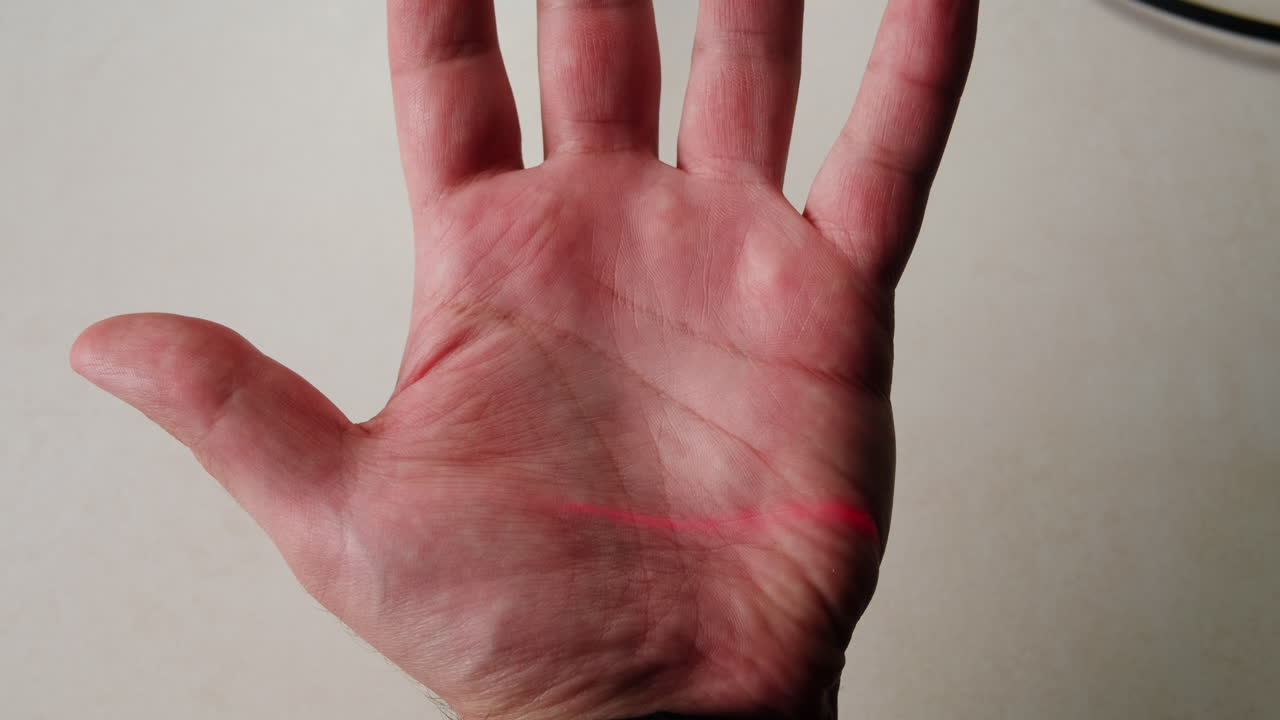 Security biometrical scanner denying hacker access verifying person hand print. Digital protective touchscreen identifying human scanning palm processing personal data. Futuristic protection close up. High quality 4k footage