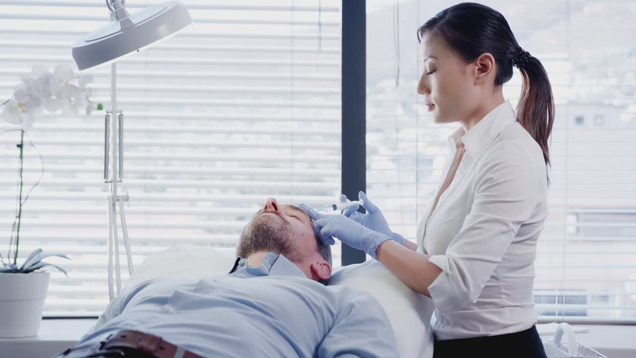 미용사 는 성숙 한 여성 환자 에게 이마 에 보스 주사를 주고 있다