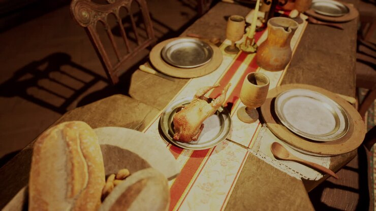 A rustic dining table set with diverse food and drinks for a hearty meal