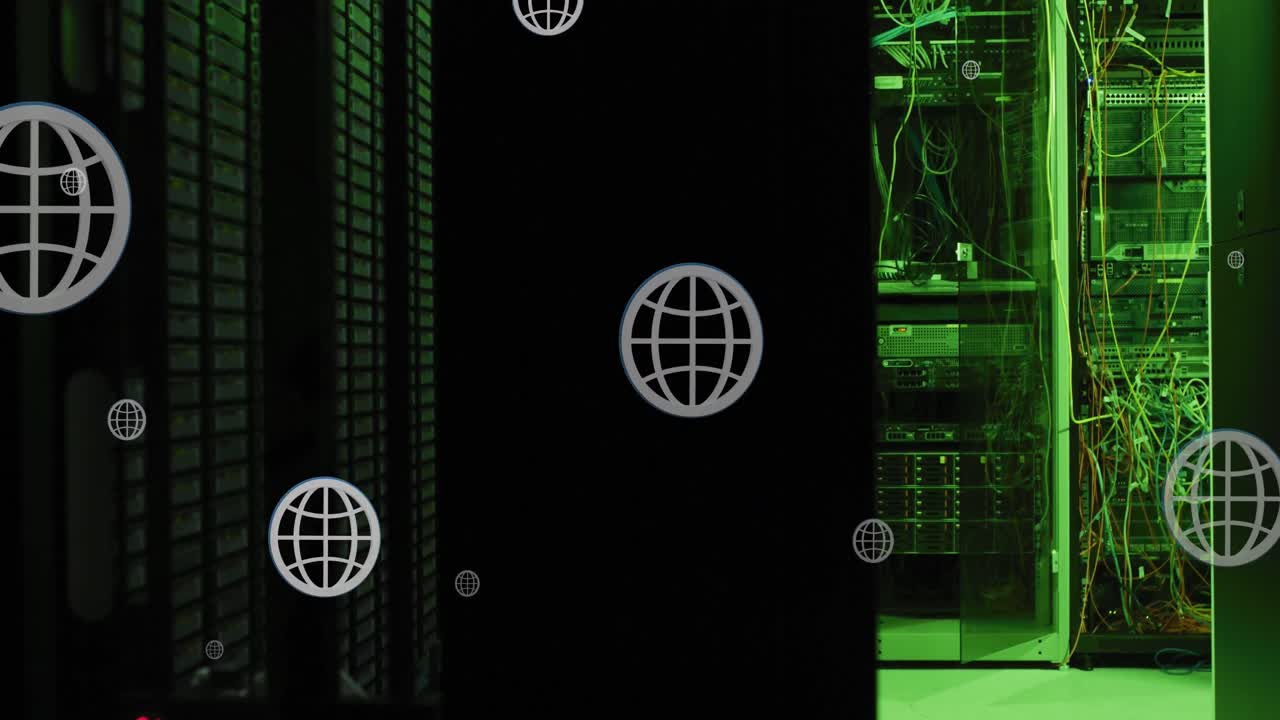 Animation of globes over data illuminated server systems in data server room