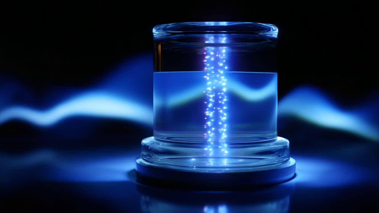 A mesmerizing illustration of fluid dynamics showcasing a glass container filled with water, illuminated by vibrant blue light that creates a stunning visual effect of swirling patterns and reflections