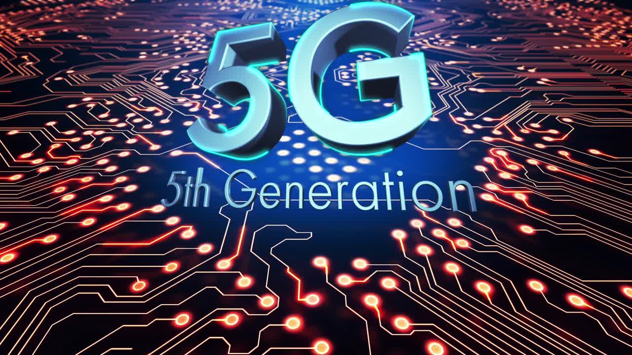 animación digital de texto 5g contra conexiones de microprocesador en fondo azul
