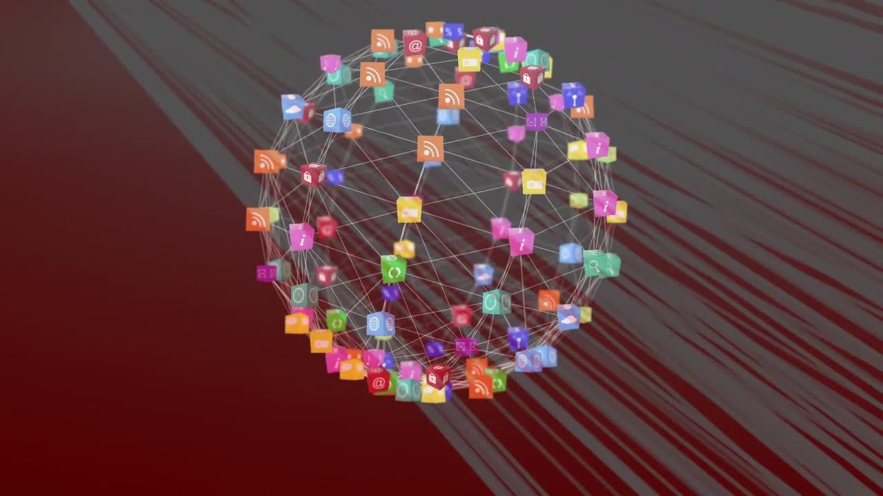 animación de redes de conexiones e iconos en nubes de fondo rojo y gris